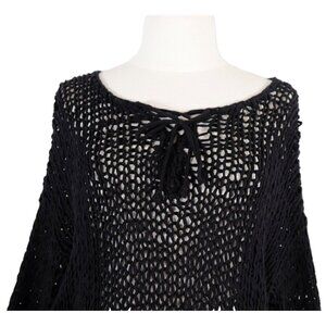 VINCE Women's Small Black Crochet Sweater Knit Knitted by Hand Lace Up Pullover